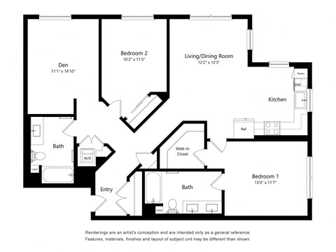 Floor plan for 2 beds, 2 baths, 1318 sqft